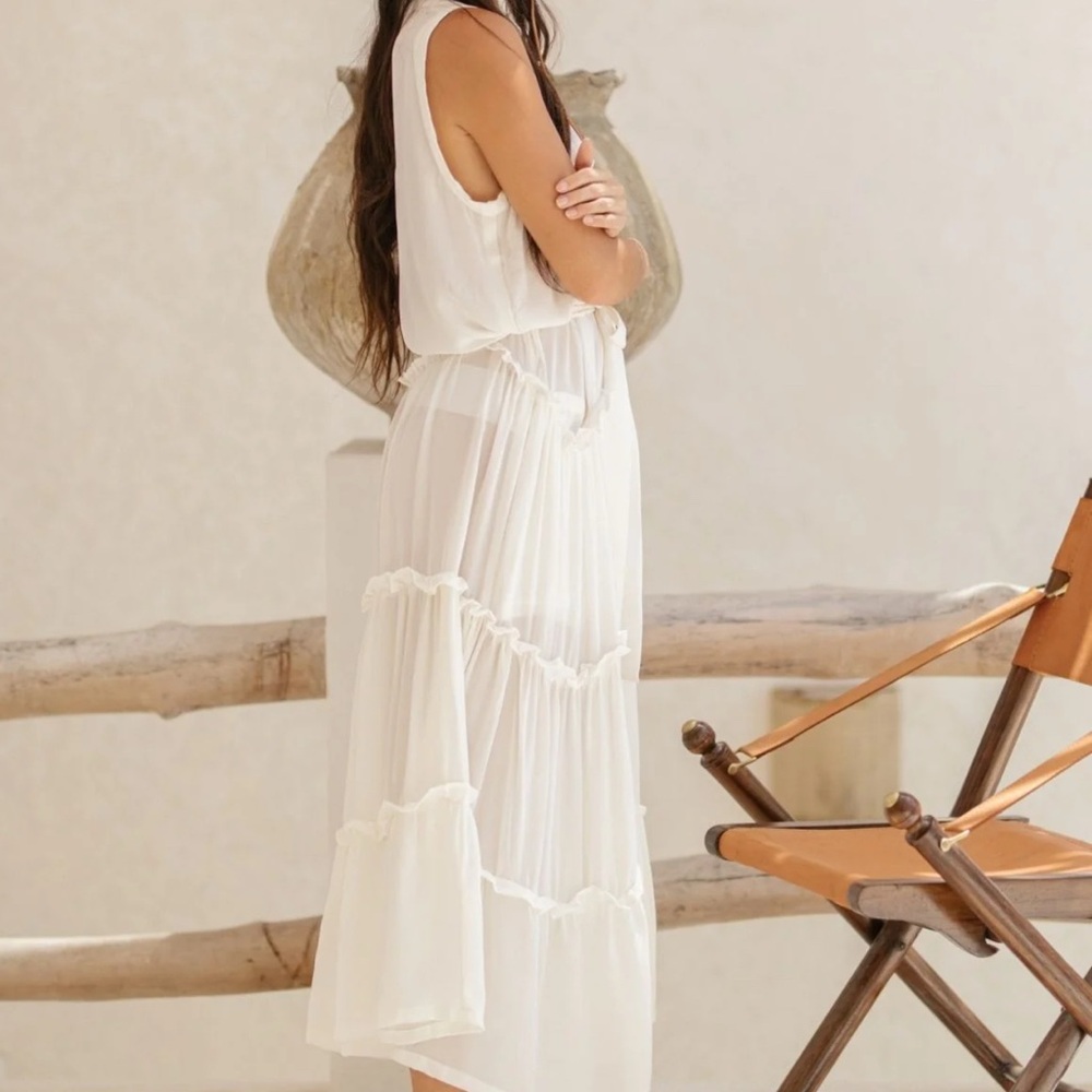 White Sleeveless 100 Silk Button-Down Maxi Dress - Picture 5 of 9